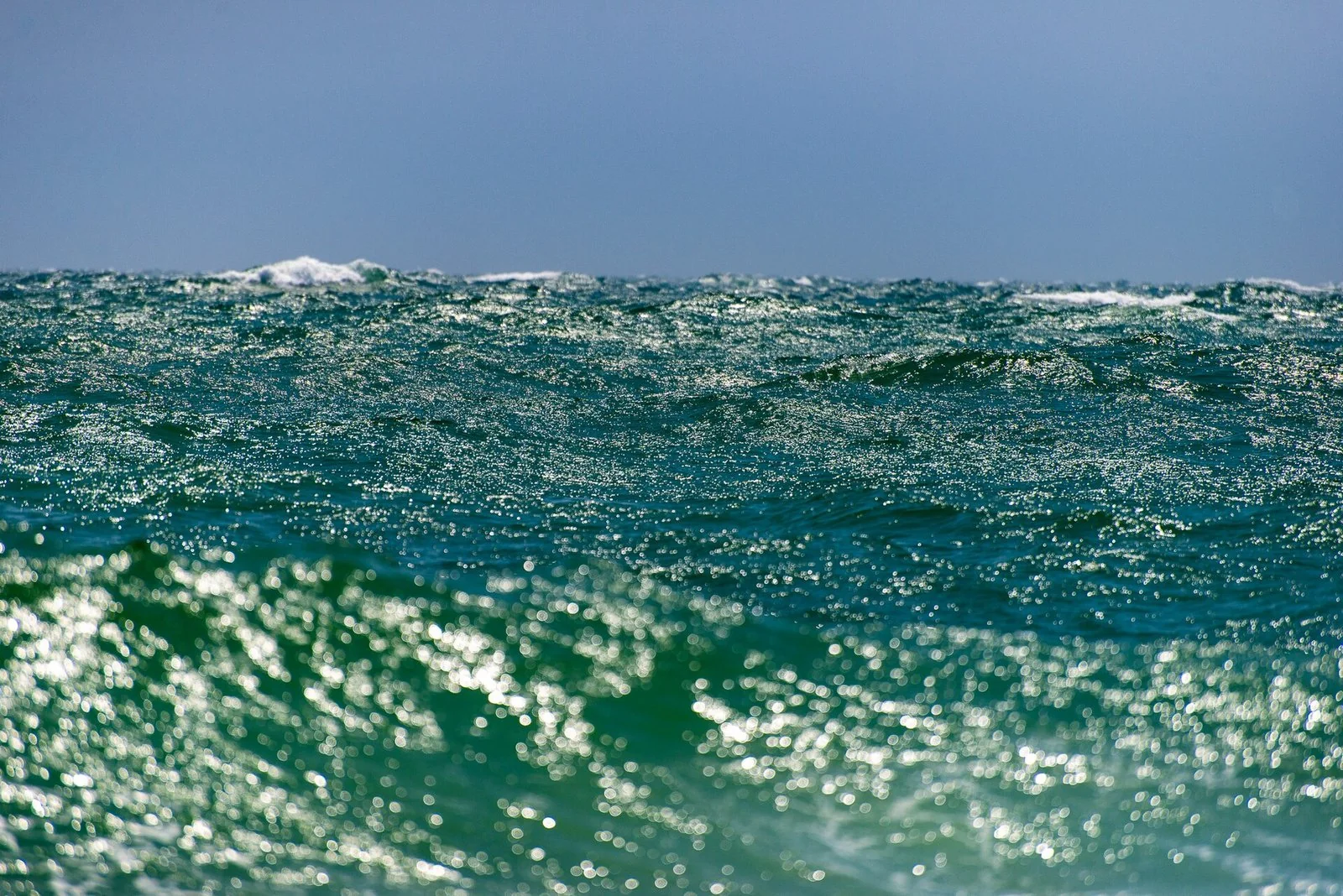 光を反射する青緑の海面が広がり、水平線の近くで白い波が立っている。